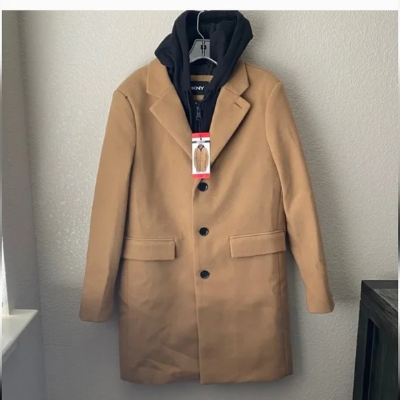 DKNY Mens Overcoat Tan Faux Wool Pockets Removable Bib Hood HeavyweightNwt